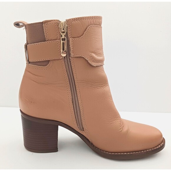 Jorge Bischoff Tan Leather Ankle Boot Gold Buckle Strap Block Heel Sz 6 - Picture 8 of 13